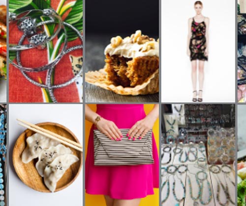 A collage of images - pie, woman in a dress, dumplings, jewellery